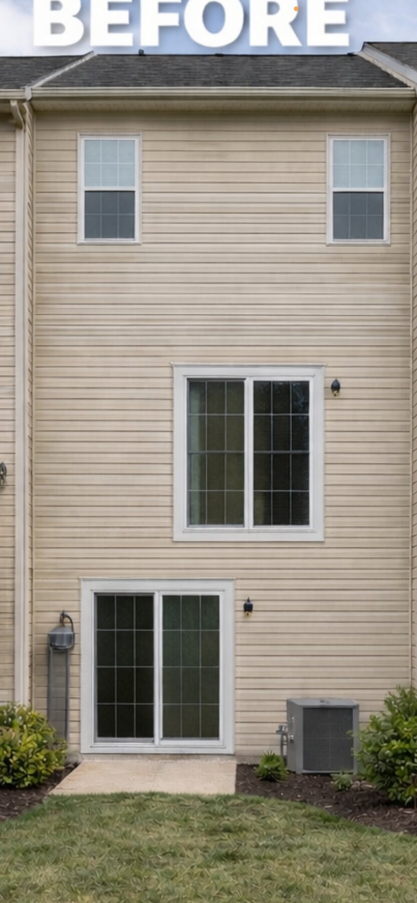 Before: plain siding exterior with no deck